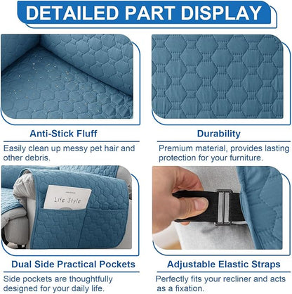 100% Waterproof Recliner Chair Covers That Stay in Place, Non-Slip Recliner Cover with 5 Pockets, Elastic Straps, Washable Reclining Chair Protector for Kids, Pets, Dogs, Gray Blue