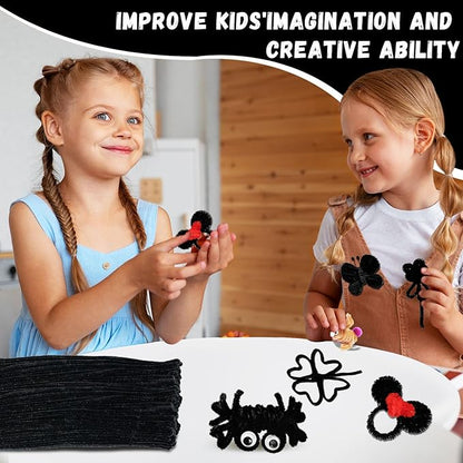 Black Pipe Cleaners for Crafts,200PCS Chenille Stems,Craft Supplies,Halloween Crafts for Kids,DIY Decor Ccrafts for Adults,Kids Games Toys for Ages 8-13,Christmas Birthday Gift,Craft Sticks