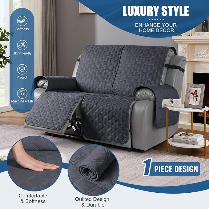 TAOCOCO 100% Waterproof Recliner Covers, Recliner Sofa Covers with Leg Straps, Reversible Recliner Couch Cover for Reclining Chair, Washable Couch Protector for Pets Kids(2 Seater, Charcoal Gray)