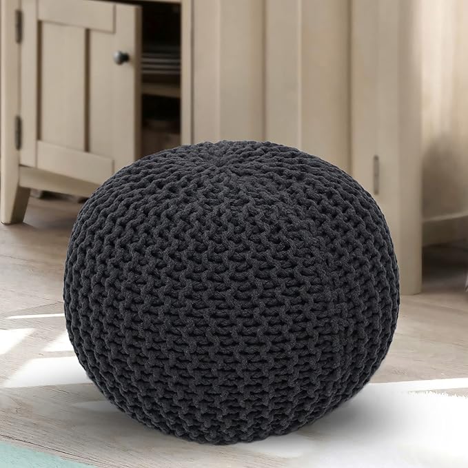 The Home Talk Poufs Ottoman - Home Décor Cord Pouffe for Couch 100% Cotton Hand Knitted Floor Chair - Small Foot Stool for Living Room, Nursery, Patio, Lounge, 18"x18"x14" - Dark Grey