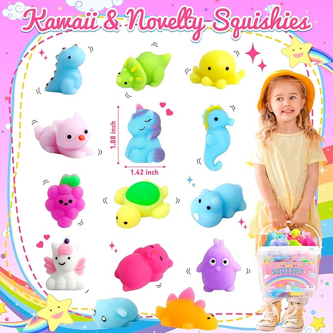 150 Pack Mochi Squishy Toys Kawaii Squishies Stress Relief Toys Pack Boys Girs Party Favors Bulk Birthday Gifts Valentines Day Gifts for Kids Easter Egg Fillers Easter Hunt Basket Pinata Stuffers