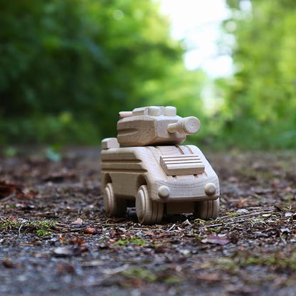 Handmade Wooden Toy Transporter, Paintable WW2 Army Car, Rotating Turret & Wheels, Children's Handcrafted Military Toy, Ideal for Boys, Decoration, Kids Play and Learning