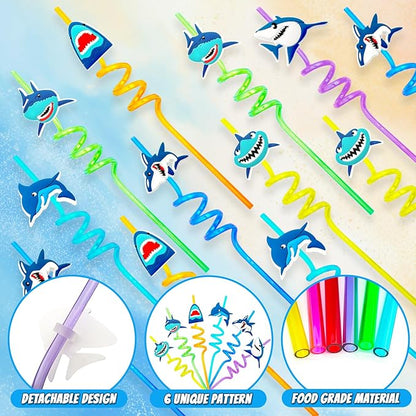 134 Pcs Shark Party Favors with Shark Straws Shark Bracelets Wristbands Tattoo Stickers Erasers Keychains Goodie Bags Under the Sea Party Favors Shark Birthday Party Decorations