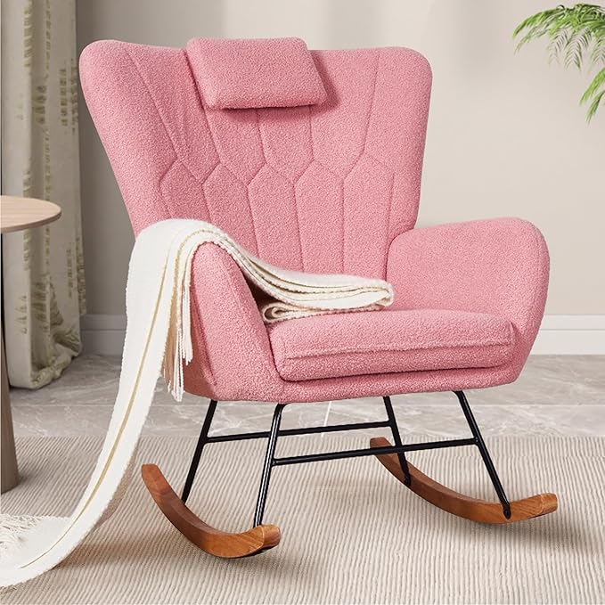 VECELO Rocking Chair Nursery with Thick Headrest, Modern Teddy Upholstered Reading Glider Rocker Accent Armchair with High Backrest, Padded Seat, Side Pocket, for LivingRoom, Bedroom, Baby Room, Pink