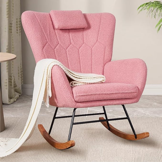 VECELO Rocking Chair Nursery with Thick Headrest, Modern Teddy Upholstered Reading Glider Rocker Accent Armchair with High Backrest, Padded Seat, Side Pocket, for LivingRoom, Bedroom, Baby Room, Pink