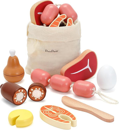 PairPear Wooden Toys Play Food Sets for Kids Kitchen, Kids Toy Food Cutting Meat Set for Toddlers 3+ Years Old, Pretend Food Play Kitchen Accessories for Girls and Boys