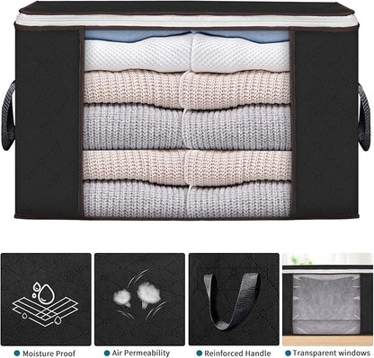 Large Storage Bags, 3 Pack Clothes Storage Bins Foldable Closet Organizers Storage Containers with Durable Handles Thick Fabric for Blanket Comforter Clothing Bedding 90 L (Black)