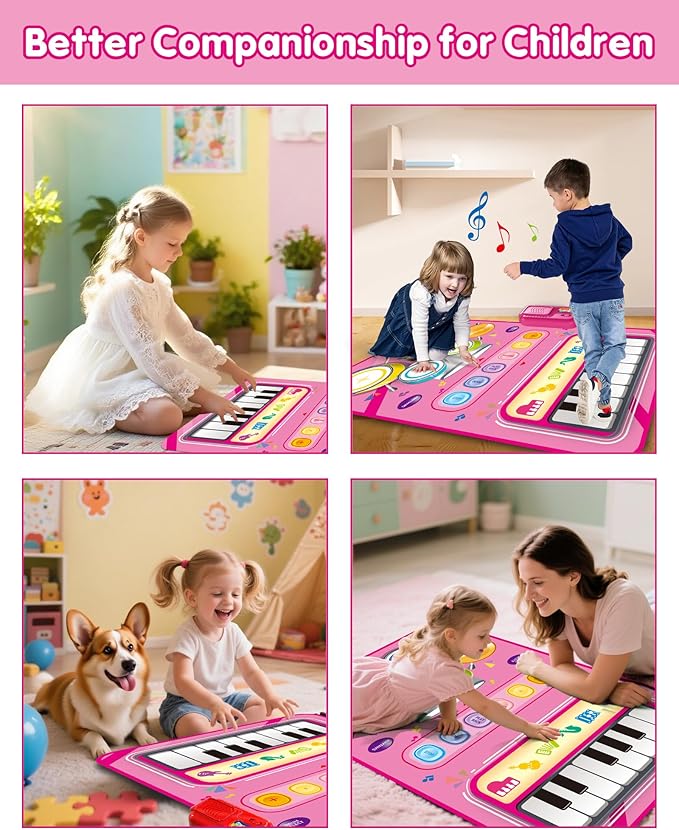 DQMOON Toys for 1 Year Old Girl Gifts, Baby Musical Mat with Piano & Drum, Adjustable Volume, 12-18 Months Toddler Toys, Christmas Birthday Easter Gifts for 1-2 Year Olds Boys Girls (Pink)