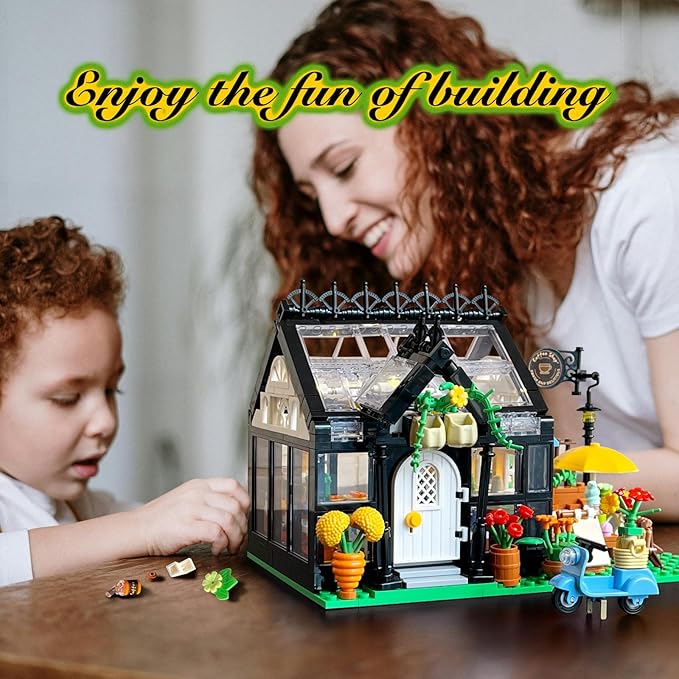Flower Garden House Building Set with Led Lights,Greenhouse Model Playset City Street Flower Shop Building Blocks Kits for Adults Kids 8+ Present Black（475PCS ）