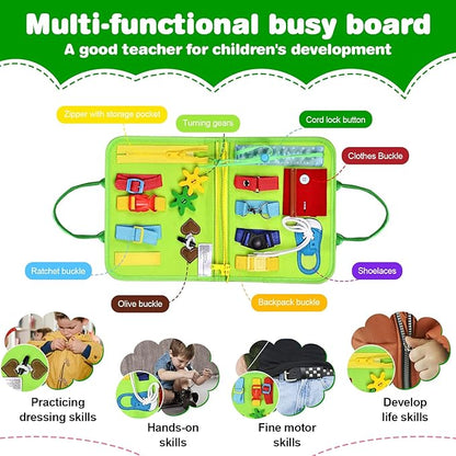 JHkim Busy Board Montessori Toys for Toddlers 1-3, Birthday Gifts for 1 2 3 4 Year Old Boy Girl, Autism Sensory Travel Toy, Educational Activity Busy Book Board, Learning Fine Motor Skills Toys, Green