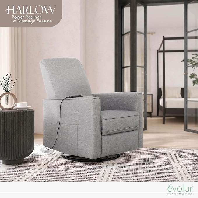 Evolur Harlow Deluxe Upholstered Plush Seating Glide Rocker, Swivel, Power Recliner USB Port with in-Built Massager, Greenguard Gold Certified, Glider Chair for Nursery in Light Grey