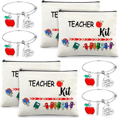8 Pcs Teacher Appreciation Gift Set for Women, 4 Teacher Makeup Pouch Cosmetic Bags and 4 Bangle Bracelets, Christmas Valentines Thank You Gifts for Teacher (Teacher Survival Kit)