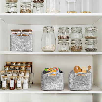 Goodpick Storage Baskets, Storage Bins for Shelves Gift Baskets Empty Small Toy Baskets Baby Rope Basket Woven Basket for Towels for Decor 3 Pack, White & Gray, 13 x 8 x 5 in