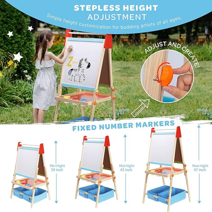 3 in 1 Adjustable Kids Art Drawing Easel Set-Sided Magnetic Whiteboard & Chalkboard with Painting Paper Roll - Versatile Art Station Gift for Toddlers, Kids and Childrens Ages 3+