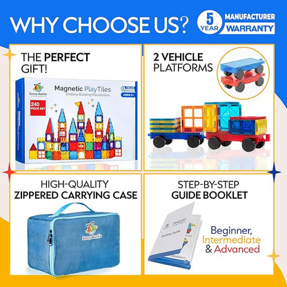 Magnetic Tiles 240 PCS+ Bonus Zippered CASE, Magnetic Tiles for Kids Toy for 3 4 5 6 7 8 Year Old Boys & Girls, Great Gift for Kids Aged 3-8, XL Set
