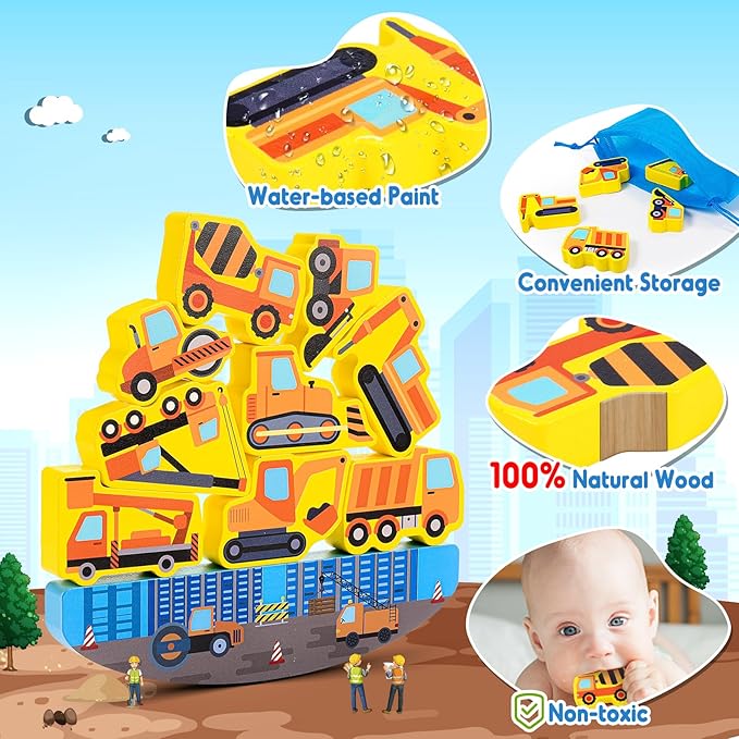 Montessori Toys for Kids Wooden Construction Engineering Cars Blocks Stacking Toy for 3 4 5 6 Year Old Boys Girls Toddlers Educational Toys Balance Game for Boy Girl Age 3-6