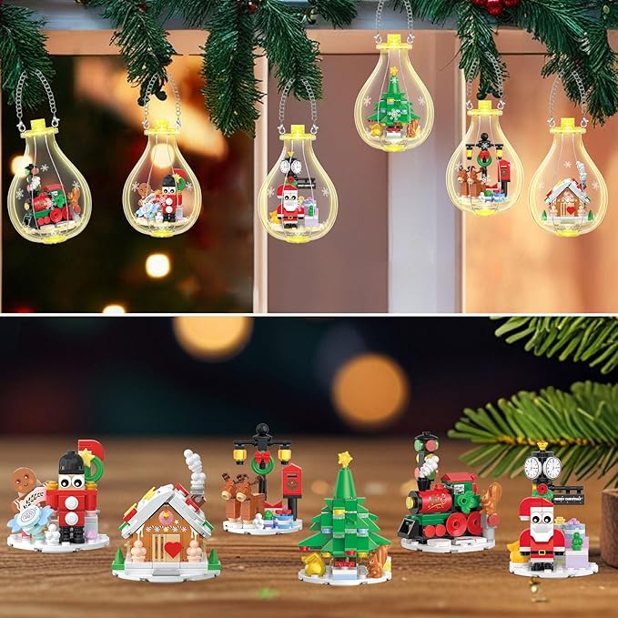 HOGOKIDS Christmas Building Sets with Lights - 6 Pack Christmas Tree Ornaments Santa Claus Gingerbread House Nutcracker Elk Building Toys Festival Decor Gifts for Adult Kids Boy Girl 6-12 Year(566PCS)
