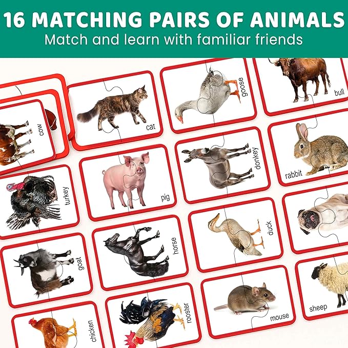 QUOKKA Toddler Puzzles Ages 2-4 – 100% Self-Correcting 16 Realistic Matching Farm Animals – Educational Toddler Puzzles Ages 1-3 with 32 Pieces - Memory Matching Games for 3-5 Years Old Boys and Girls