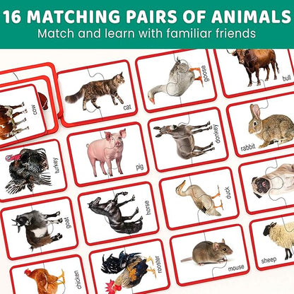 QUOKKA Toddler Puzzles Ages 2-4 – 100% Self-Correcting 16 Realistic Matching Farm Animals – Educational Toddler Puzzles Ages 1-3 with 32 Pieces - Memory Matching Games for 3-5 Years Old Boys and Girls