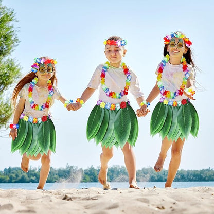 Fortuning's JDS Boys Girls Hawaiian Flowers Leaf Grass Skirts Garland Costume Set Beach Party Favors