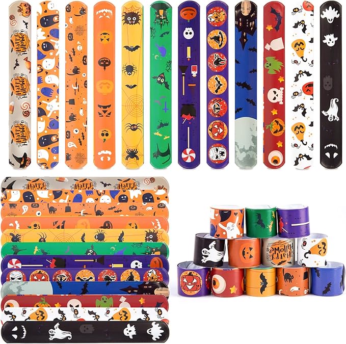 LovesTown Halloween Slap Bracelets, 48PCS Kids Slap Wristbands Snap Bracelets Ghost Jack o Lantern Bat Spider for Halloween Party Goodie Bag Fillers