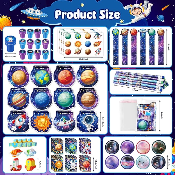 BenLouis 216Pcs Outer Space Themed Party Favors Space Alien Sticker Stampers School Stationery Set Bulk Classroom Prizes for Astronaut Planet Birthday Party Goodie Bags Fillers
