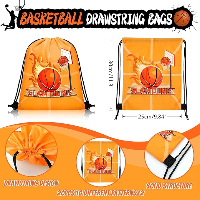 110 Pcs Basketball Party Favors Drawstring Backpack with Keychains Silicone Bracelets Stickers for Sports Birthday Supplies Goodie Bags Basketball Themed Gifts