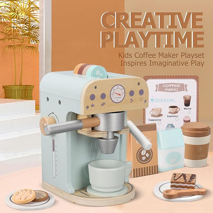 Kids Wooden Coffee Maker Toy, Wooden Play Kitchen Appliances & Accessories Toy for Kids Toddlers, Gift for Girls Boys