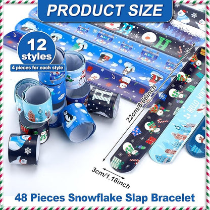 48 Pieces Snowflake Slap Bracelet Winter Theme Snowman Snap Bracelet Kids Party Favors Classroom Prizes Kids Bracelet Slap Bracelets Wristbands for Kids Children Winter Party, 12 Styles (Snowman)