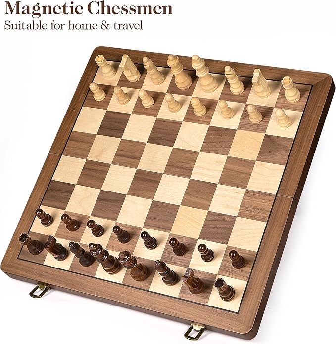 ELONGDI 15" Wooden Chess Set with Magnetic Pieces - Extra Queens - Folding Chessboard Portable Travel Tournament Chess Board Games for Adults Kids