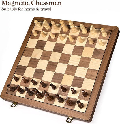 ELONGDI 15" Wooden Chess Set with Magnetic Pieces - Extra Queens - Folding Chessboard Portable Travel Tournament Chess Board Games for Adults Kids