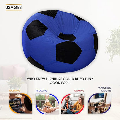 Ample Decor Soccer Bean Bag Cover (Filler Not Included), Leatherette Durable Double Stitched Material Sturdy Zippers, Ideal for Children and Teenagers - Blue and Black