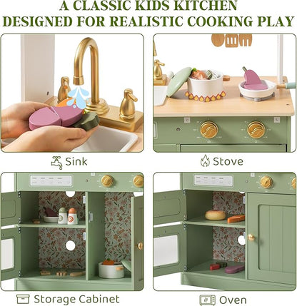 ROBUD Wooden Play Kitchen Set for Kids, Pretend Play Kitchen Toy Set with Golden Faucet, Sink, Oven, Stove, Cabinet, Vintage Style, Gift for Boys & Girls Ages 3+ (Green)
