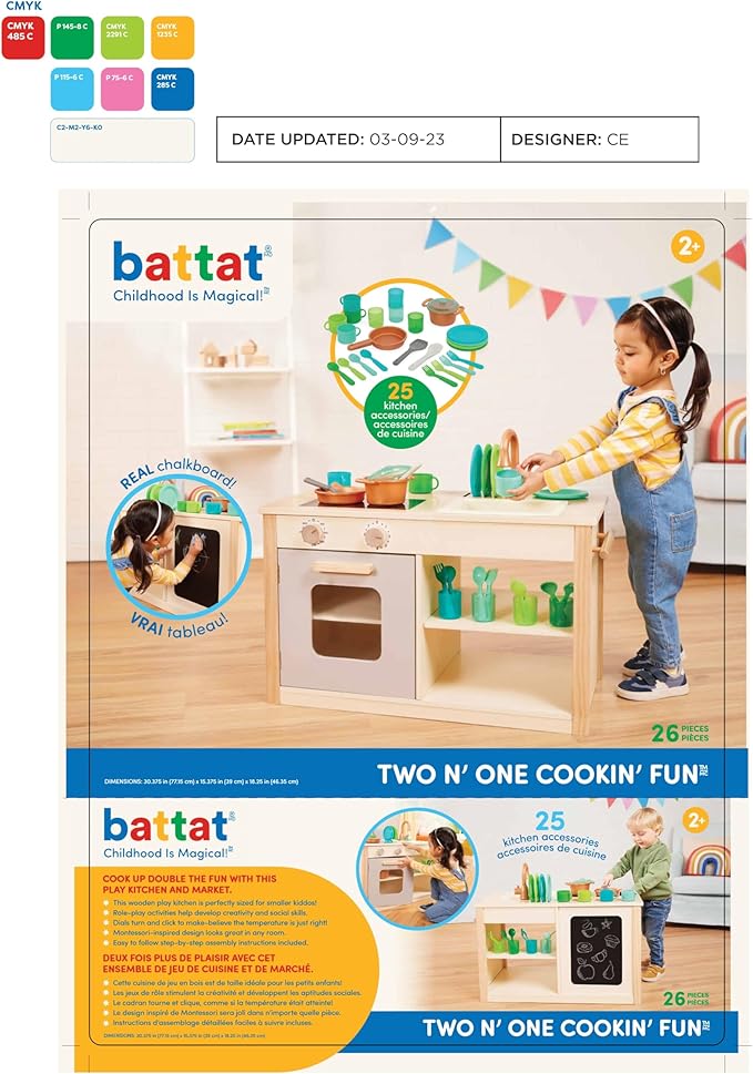 Battat – Play Kitchen & Market – Toddler-Friendly Size – Chalkboard Menu & Oven Dials – 25 Toy Cooking Accessories – 2 Years + – Two n' One Cookin' Fun