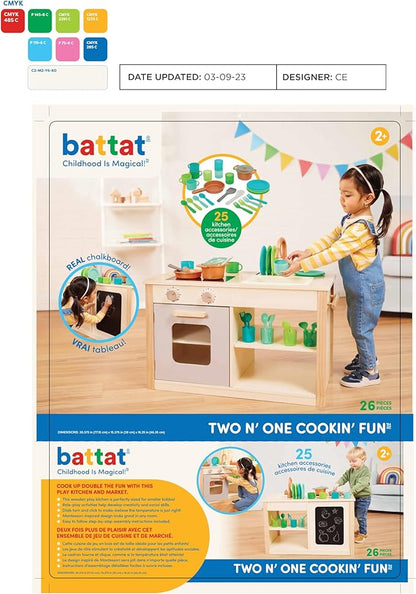 Battat – Play Kitchen & Market – Toddler-Friendly Size – Chalkboard Menu & Oven Dials – 25 Toy Cooking Accessories – 2 Years + – Two n' One Cookin' Fun