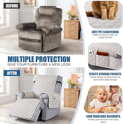 TAOCOCO 100% Waterproof Recliner Covers, Recliner Sofa Covers with Leg Straps, Reversible Recliner Couch Cover for Reclining Chair, Washable Couch Protector for Pets Kids(1 Seater 22", Off Whit)