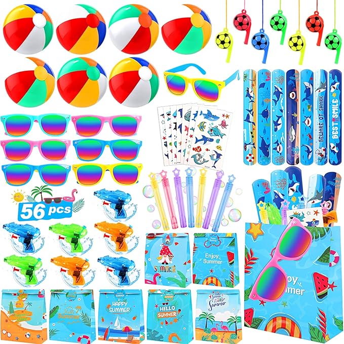Pool Party Favors Beach Party Favors, 56 PCS Goodie Bag Stuffers Summer Beach Toys, Beach Balls Kids Sunglasses Bubble Wands Water Guns Slap Bracelets Whistles Tattoo, Pool Toys for Kids Ages 4-8-12