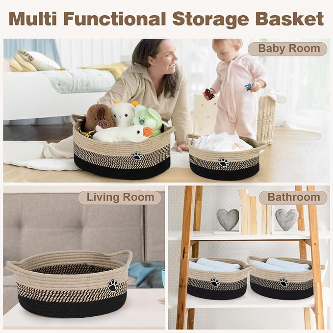 Optish Dog Toy Easter Basket, Toy Box and Bin for Dog Cat Storage, 13.5" X 11" X 5" Small Woven Rope Basket for Baby Storage, Closet, Living Room, Brown & Black