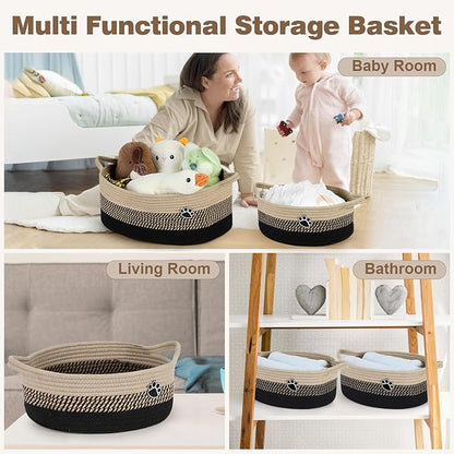Optish Dog Toy Easter Basket, Toy Box and Bin for Dog Cat Storage, 13.5" X 11" X 5" Small Woven Rope Basket for Baby Storage, Closet, Living Room, Brown & Black