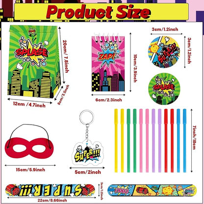 84pcs Hero Themed Super Party Favors with Colorful Paper Gift Bag Notepad Pen Slap Bracelet Key Chain Eye Mask Sticker Comic Hero Themed Party Supplies for Boy Girl Birthday Classroom Games Activities
