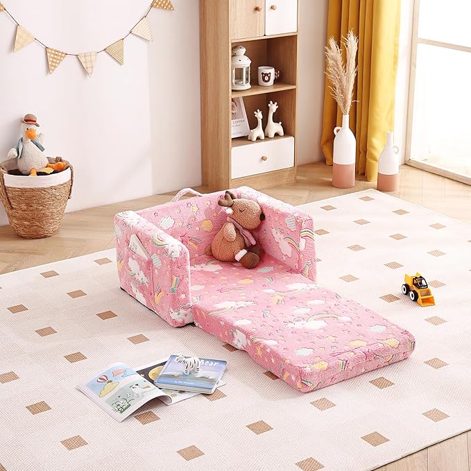 Tiita Kids Chair Couch, Folding Toddler Comfy Sofa Chairs, 2-in-1 Kids Plush Sofa Fold Out, Baby Armrest Chair Sofa to Lounger, Convertible Play Sofas to Bed for Girl or Boy, Pink Rainbow