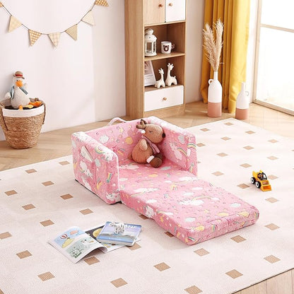 Tiita Kids Chair Couch, Folding Toddler Comfy Sofa Chairs, 2-in-1 Kids Plush Sofa Fold Out, Baby Armrest Chair Sofa to Lounger, Convertible Play Sofas to Bed for Girl or Boy, Pink Rainbow