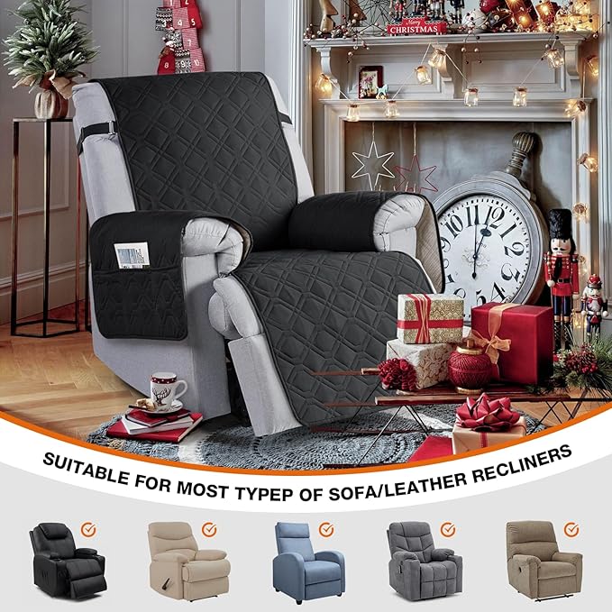 VANSOFY 100% Waterproof Recliner Chair Covers, Recliner Cover Non-Slip Dog Chair Cover Furniture Protector Washable Slipcover with Pocket, Elastic Straps for Pets, Dogs(Black, 23.6")