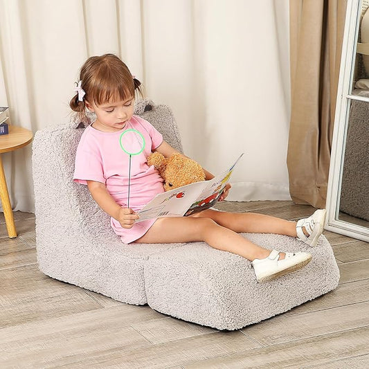 Cuddly Soft Toddler Couch with Cute Bear Ears, Kids Sherpa Lounge Sofa for Boys and Girls, Light Grey