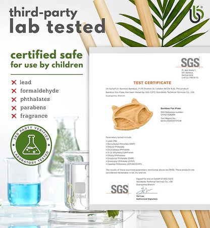 Bamboo Baby Plate with Suction - Kids and Toddler Suction Cup Plate for Babies, Non-toxic All-Natural Bamboo Baby Food Plate Stays Cool to the Touch for Baby-Led Weaning (Fox-Yellow)