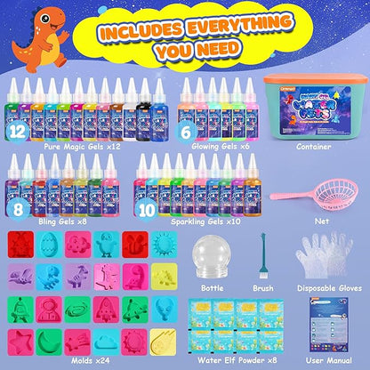 Magic Water Elf Toy Kit, Water Pets Toys for Kids, 36 Gels & 24 Molds, Aqua Fairy Water Gel Kit Squishy Maker, DIY Dinosaurs Space Make Your Own Squishies Sensory Toys, Crafts Gifts for Boys Girls 4+