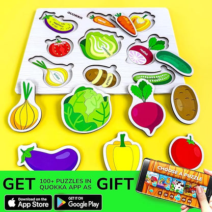 QUOKKA Wooden Puzzles for Toddlers 1-2 – 4 Set Pegged Puzzles for Kids Ages 1-2 – Veggies Learning Toy for Kids – Gift Realistic Educational Game for Boy and Girl