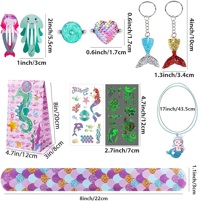 Golray 96Pcs Mermaid Party Favors with Goodie Bags Necklace Bracelet Rings Hair Clip Stampers Tattoo Tail Keychain for Girls Prize Toy Gift Stuffers Fillers Pinata Mermaid Birthday Party Supplies