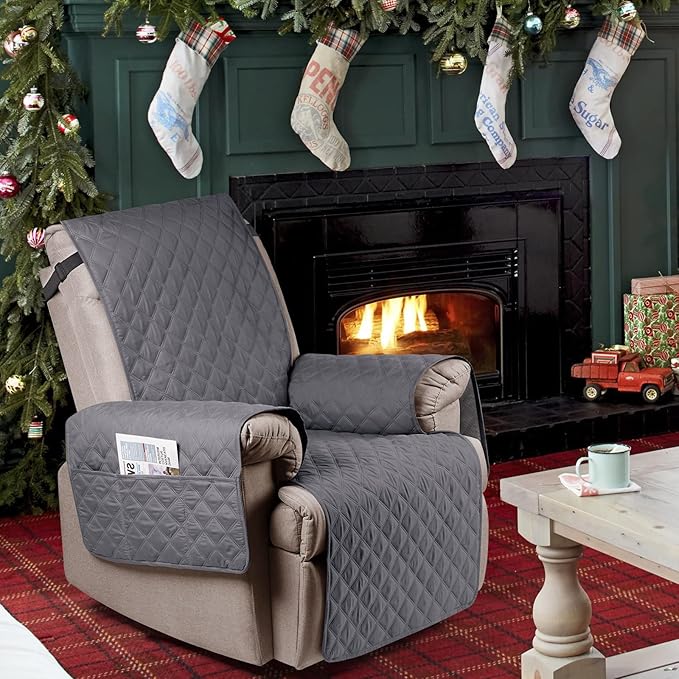 Ruaozz 100% Waterproof Recliner Chair Cover Non-Slip Reclining Cover for Recliner Chair Washable Chair Seat Cover with Elastic Straps for Kids, Dogs, Pets (Dark Grey, 23'')