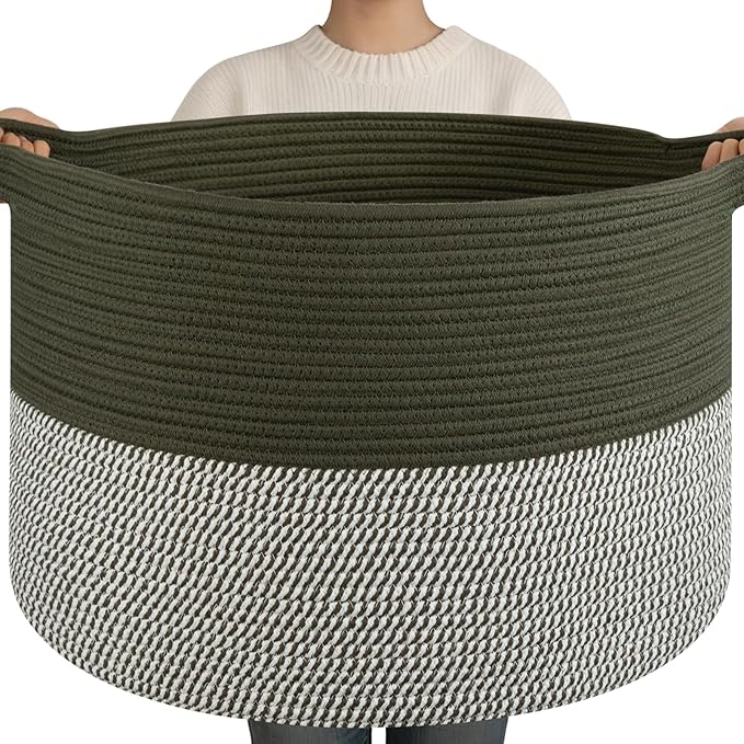 OIAHOMY 90L XXXLarge Blanket Basket for Living Room, 21.7" x 13.8" Woven Cotton Rope Laundry Basket for Organizing Pillows, Decorative Stuffed Animal Toy Storage Bin for Nursery, Green and Grey